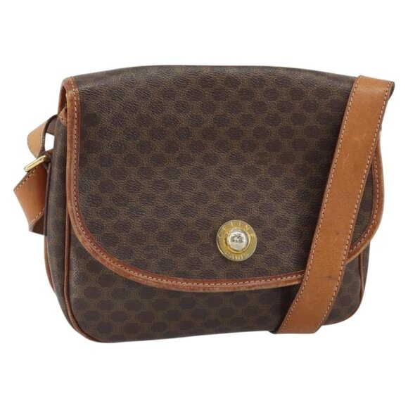 Authentic CELINE Macadam Canvas Shoulder Bag PVC Leather Brown Gold